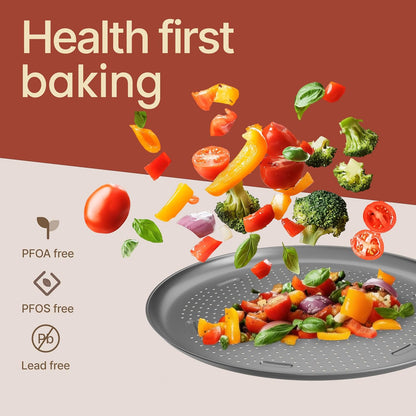 Bakken 16 Inch Non-Stick Pizza Pan 2 Pack, Round Carbon Steel Pizza Tray with Perforated Holes, PFOA, PFOS, & PTFE-Free, Dishwasher & Oven Safe Up To 450°F, Durable Nonstick Coating, Silver