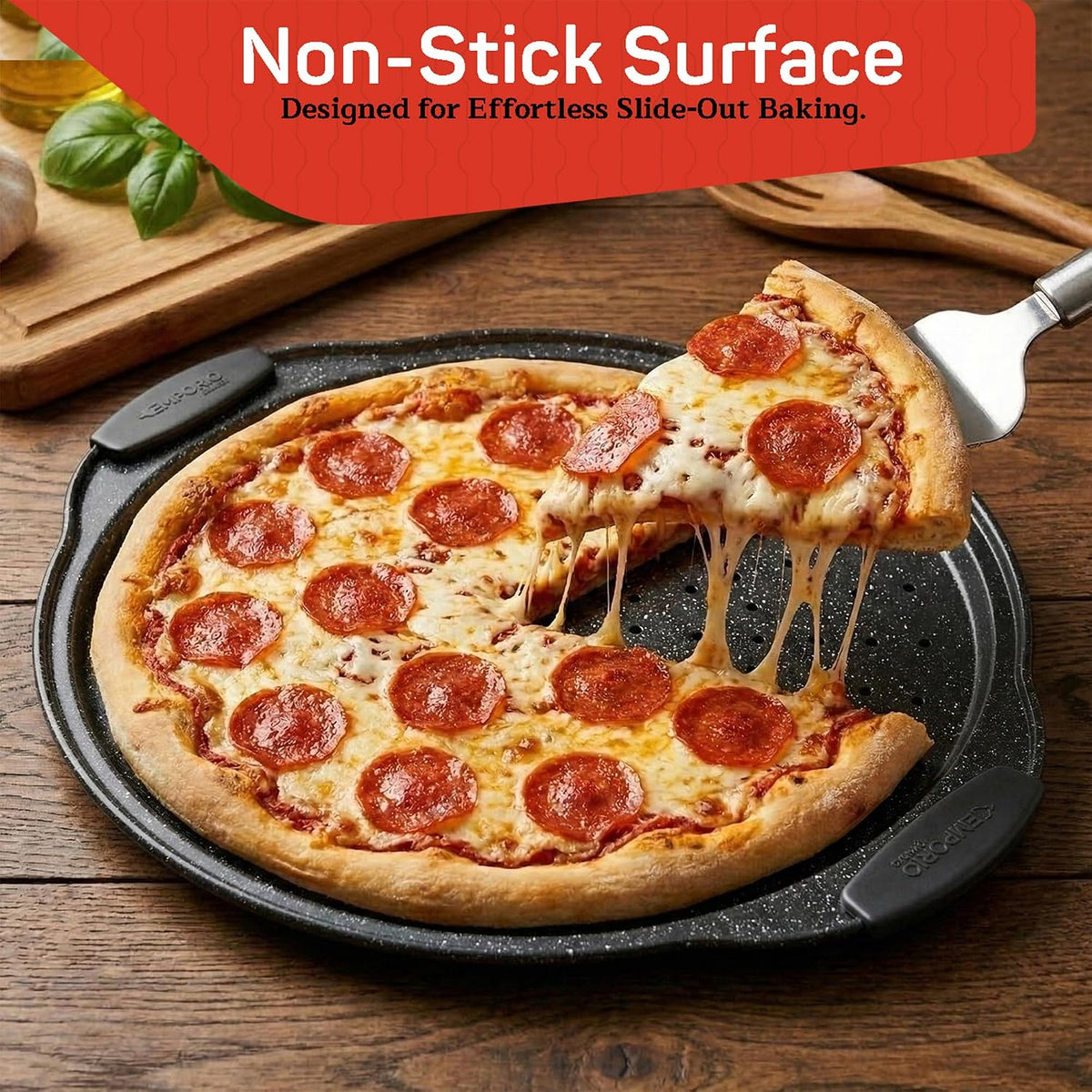 Non-Stick Pizza Pan with Silicone Handle 1 Pack, 13 Inch Round Carbon Steel Tray with Perforated Holes, Dishwasher & Oven Safe Up To 450°F, PFOAPFOSPTFE Free, Durable Nonstick Gray Marble Coating