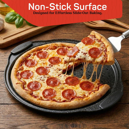 Non-Stick Pizza Pan with Silicone Handle 1 Pack, 13 Inch Round Carbon Steel Tray with Perforated Holes, Dishwasher & Oven Safe Up To 450°F, PFOAPFOSPTFE Free, Durable Nonstick Gray Marble Coating