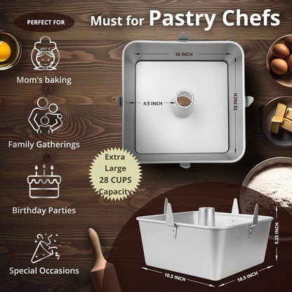 Square Tube Cake Pan, 18 Cup Recipes, 10 Inch Anodized Aluminum Angel Food, Chiffon & Pound Cake Pan, 2-piece system with Removable Bottom and Cooling Feet