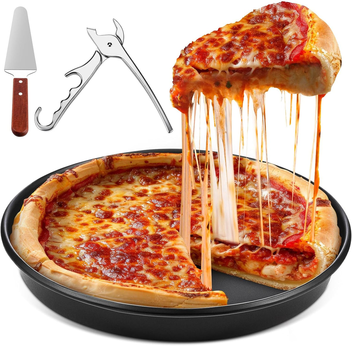 Reallnaive 3 Pcs Pizza Pan Set 12 Inch Deep with Spatula and Gripper