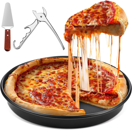Reallnaive 3 Pcs Pizza Pan Set 12 Inch Deep with Spatula and Gripper