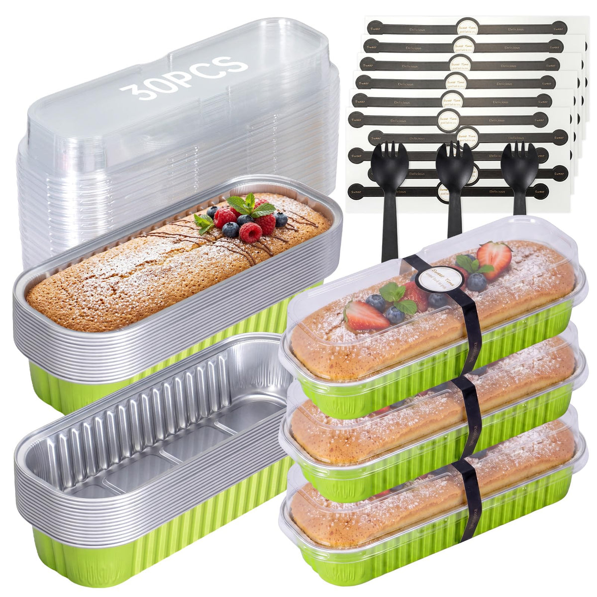 30 Pack Mini Loaf Cake Pan with Lids and Spoons, 6.8oz Small Disposable Aluminum Cake Tin Foil Pans, Rectangular Mini Loaf Bread Pans with Lids for Baking,Party,Picnics,Holidays (Pink)