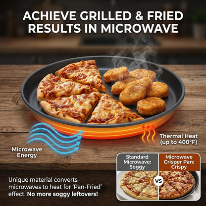 MACONEE 12inch Universal Microwave Crisper Pan/Microwave Cookware Crispy Plate Fry Pan, Microwave Cooker for Reheat Frozen Pizza, Chicken Nuggets French Toast with Crisp Effect!