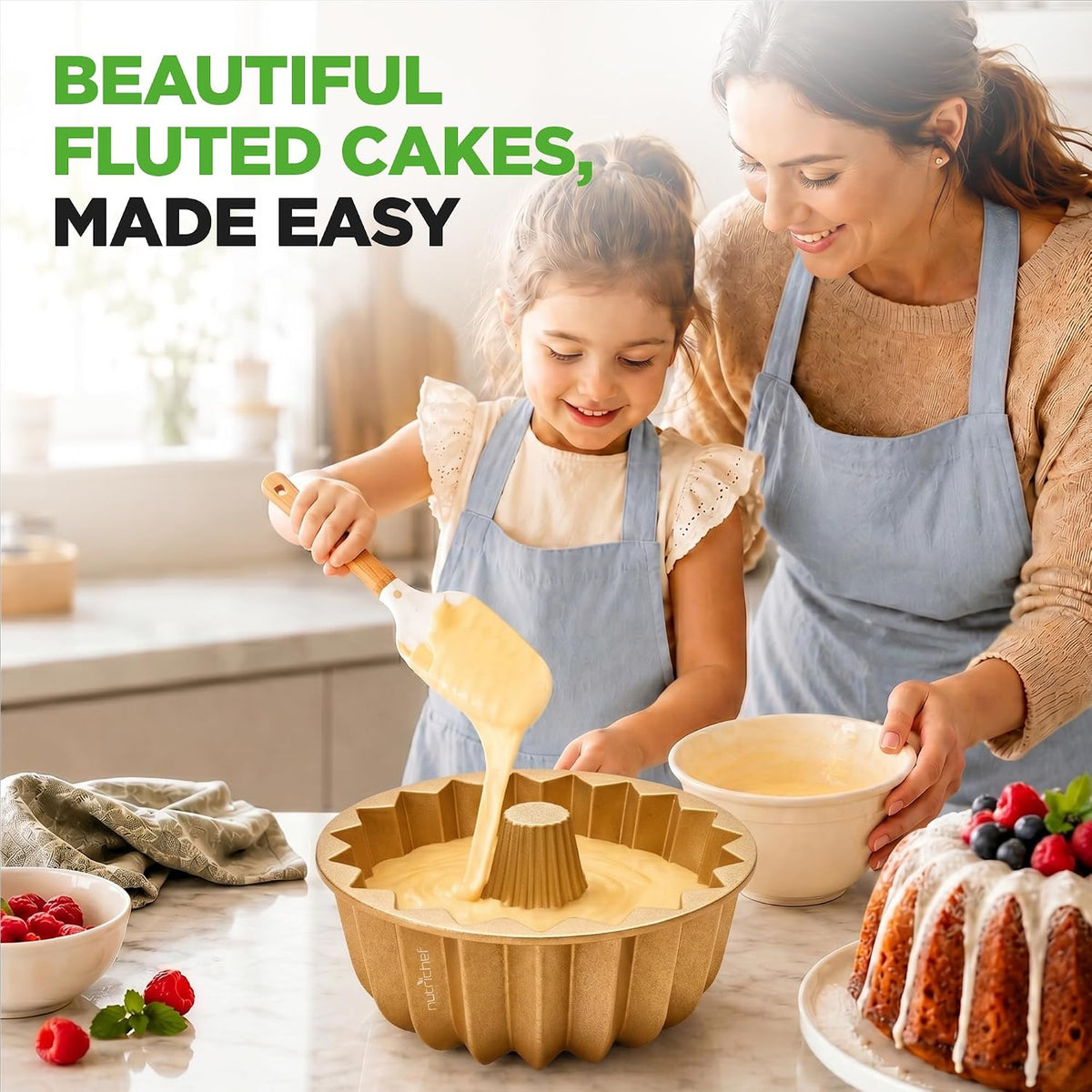 NutriChef Cake Pan - 10 Cups Die Cast Fluted Aluminum Cake Mold, Nonstick for Easy Release and Even Bake, Durable Design, Ideal for Desserts and Casseroles