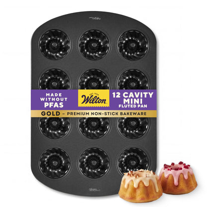 Wilton Gold Non-Stick Mini Fluted Tube Pan, Made Without PFAS, 12-Cavity