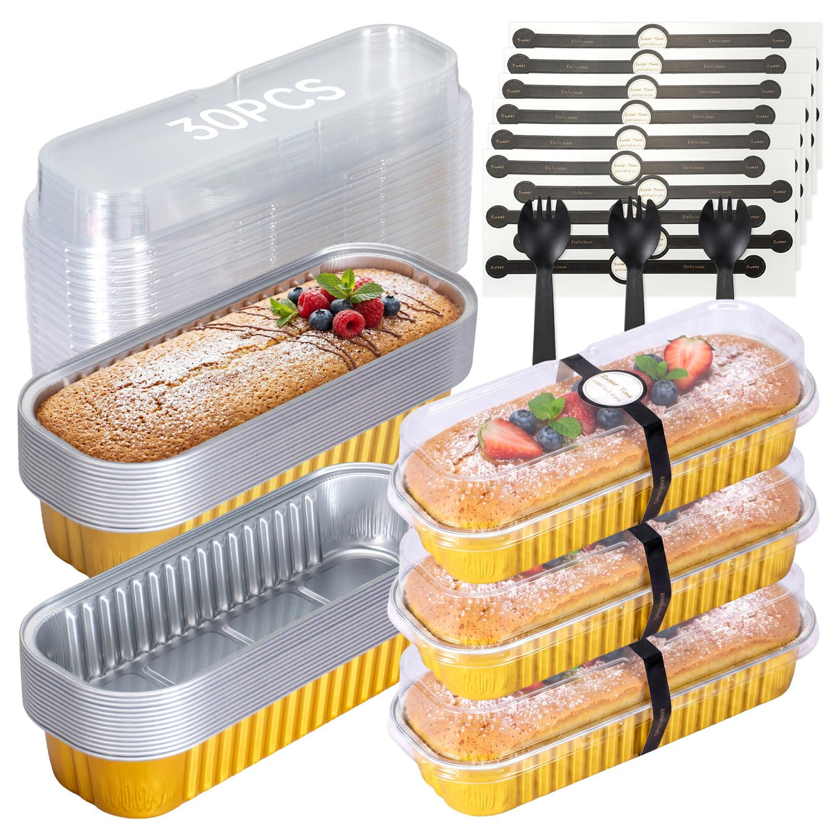 30 Pack Mini Loaf Cake Pan with Lids and Spoons, 6.8oz Small Disposable Aluminum Cake Tin Foil Pans, Rectangular Mini Loaf Bread Pans with Lids for Baking,Party,Picnics,Holidays (Pink)