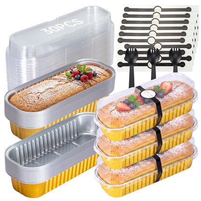30 Pack Mini Loaf Cake Pan with Lids and Spoons, 6.8oz Small Disposable Aluminum Cake Tin Foil Pans, Rectangular Mini Loaf Bread Pans with Lids for Baking,Party,Picnics,Holidays (Pink)