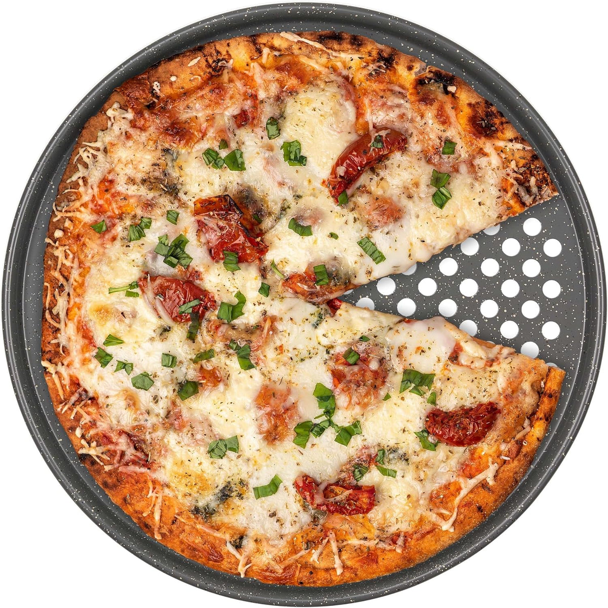 casaWare Perforated Pizza Pan 12-inch, Ceramic Coated NonStick (Silver Granite)