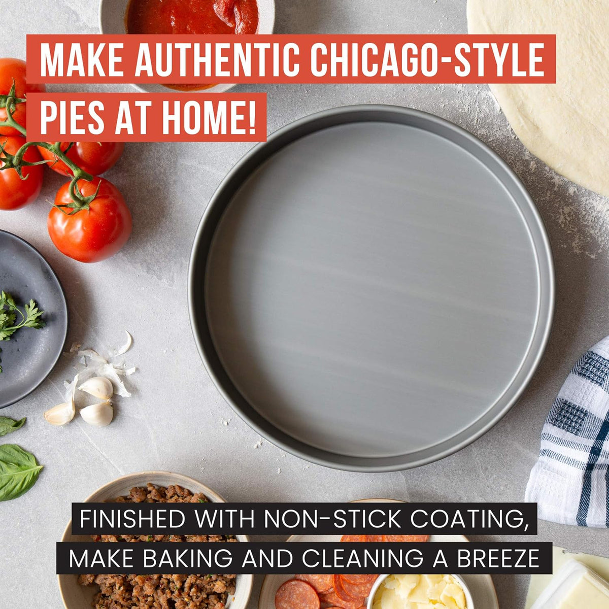 Chef Pomodoro Chicago Deep Dish Pizza Pan, 12 Inch Hard Anodized Aluminum