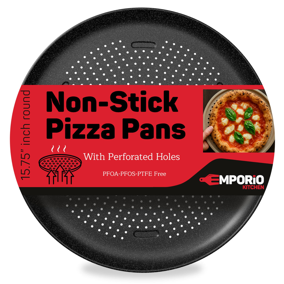 Emporio Kitchen Non-Stick Pizza Pan 1 Pack – 16 Inch Round Carbon Steel Pizza Tray with Perforated Holes, PFOAPFOSPTFE-Free, Dishwasher & Oven Safe Up To 450°F, Durable Nonstick Silver Coating