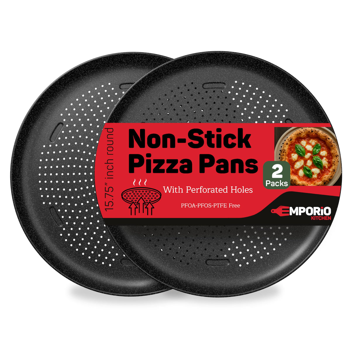 Emporio Kitchen Non-Stick Pizza Pan 1 Pack – 16 Inch Round Carbon Steel Pizza Tray with Perforated Holes, PFOAPFOSPTFE-Free, Dishwasher & Oven Safe Up To 450°F, Durable Nonstick Silver Coating
