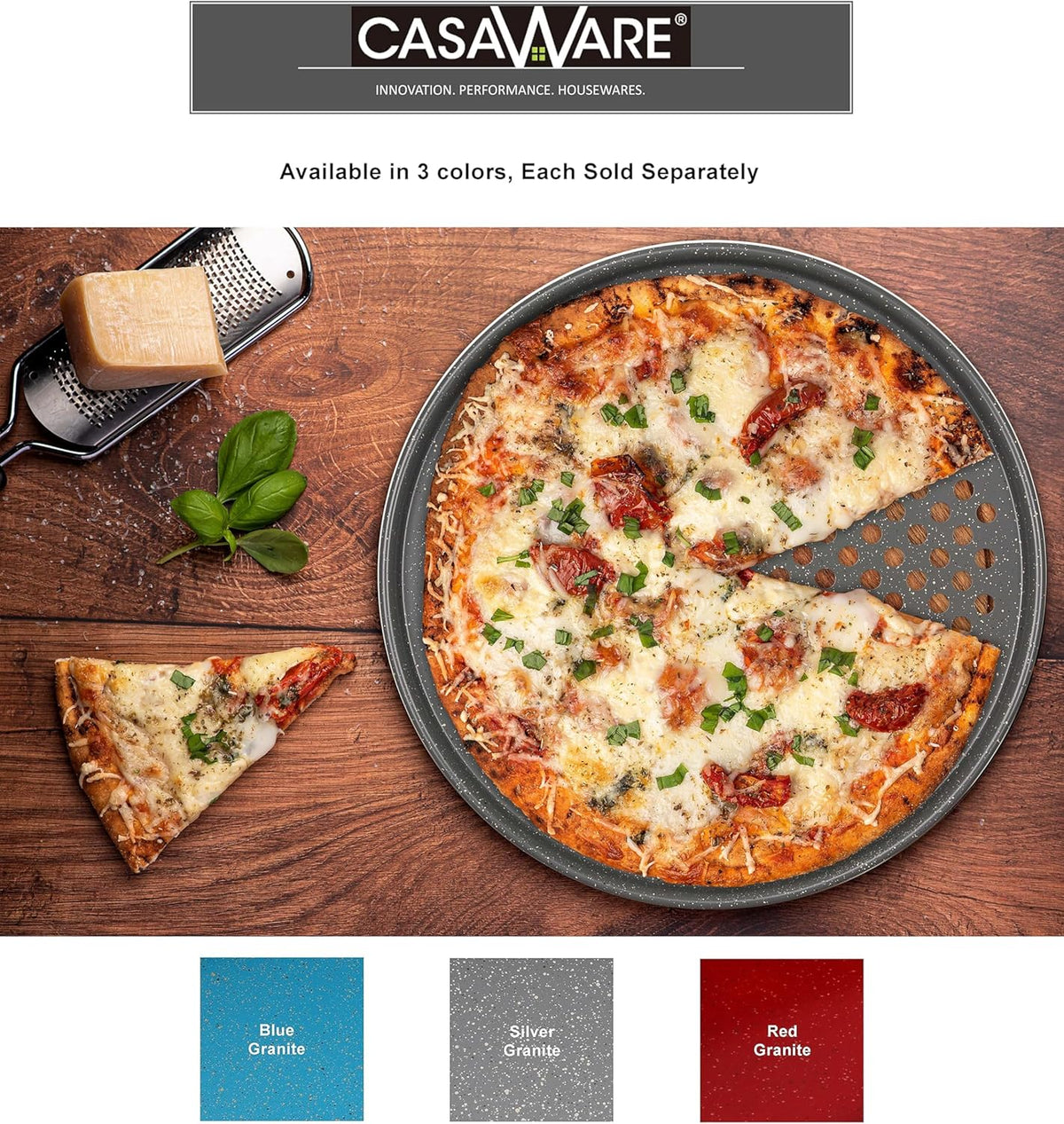 casaWare Perforated Pizza Pan 12-inch, Ceramic Coated NonStick (Silver Granite)
