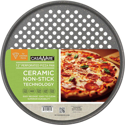 casaWare Perforated Pizza Pan 12-inch, Ceramic Coated NonStick (Silver Granite)