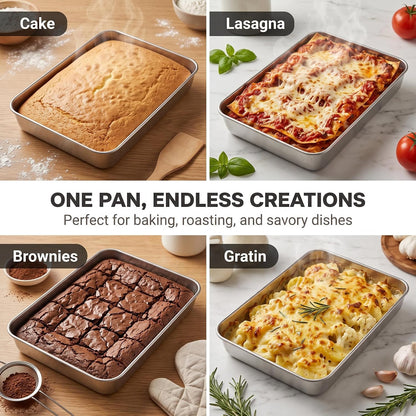 Stainless Steel Baking Pan with Lid, 12.4 x 9.6 x 2 Inches, 2-Pack