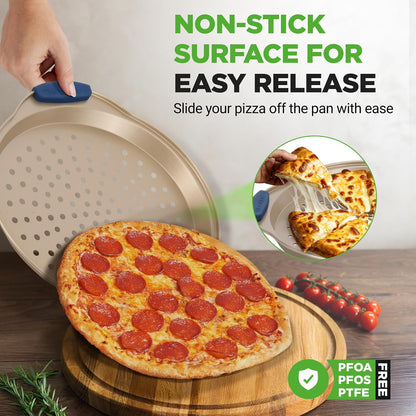 NutriChef 3-Piece Pizza Tray Set with Silicone Handles - Round Nonstick Pizza Pan with Perforated Holes, Durable Carbon Steel, Small, Medium, Large Sizes - Ideal for Crispy, Evenly Baked Pizzas (Gold)