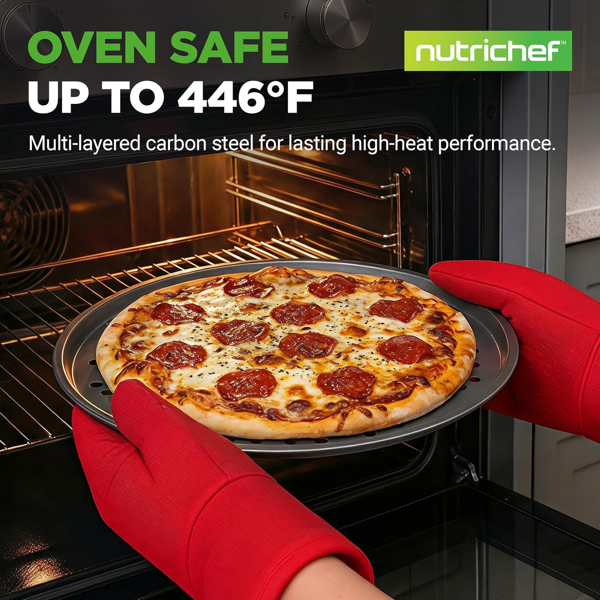 NutriChef 12.8 Inch Nonstick Pizza Pan for Oven - Carbon Steel Pizza Baking Tray with Airflow Holes - Premium Bakeware for Fresh & Frozen Pizza, Dishwasher Safe - Gray